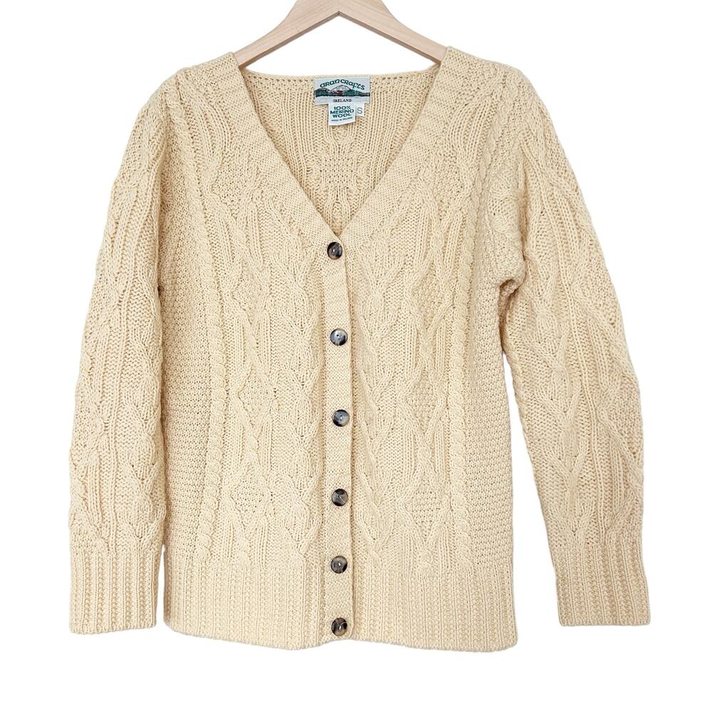Vintage Aran Crafts Ireland Yellow Merino Wool Button Front Knit Cardigan Sz S